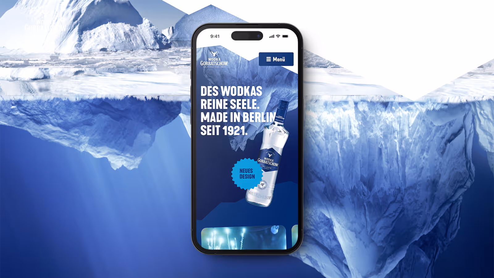 Smartphone displaying Wodka Gorbatschow website with iceberg background.