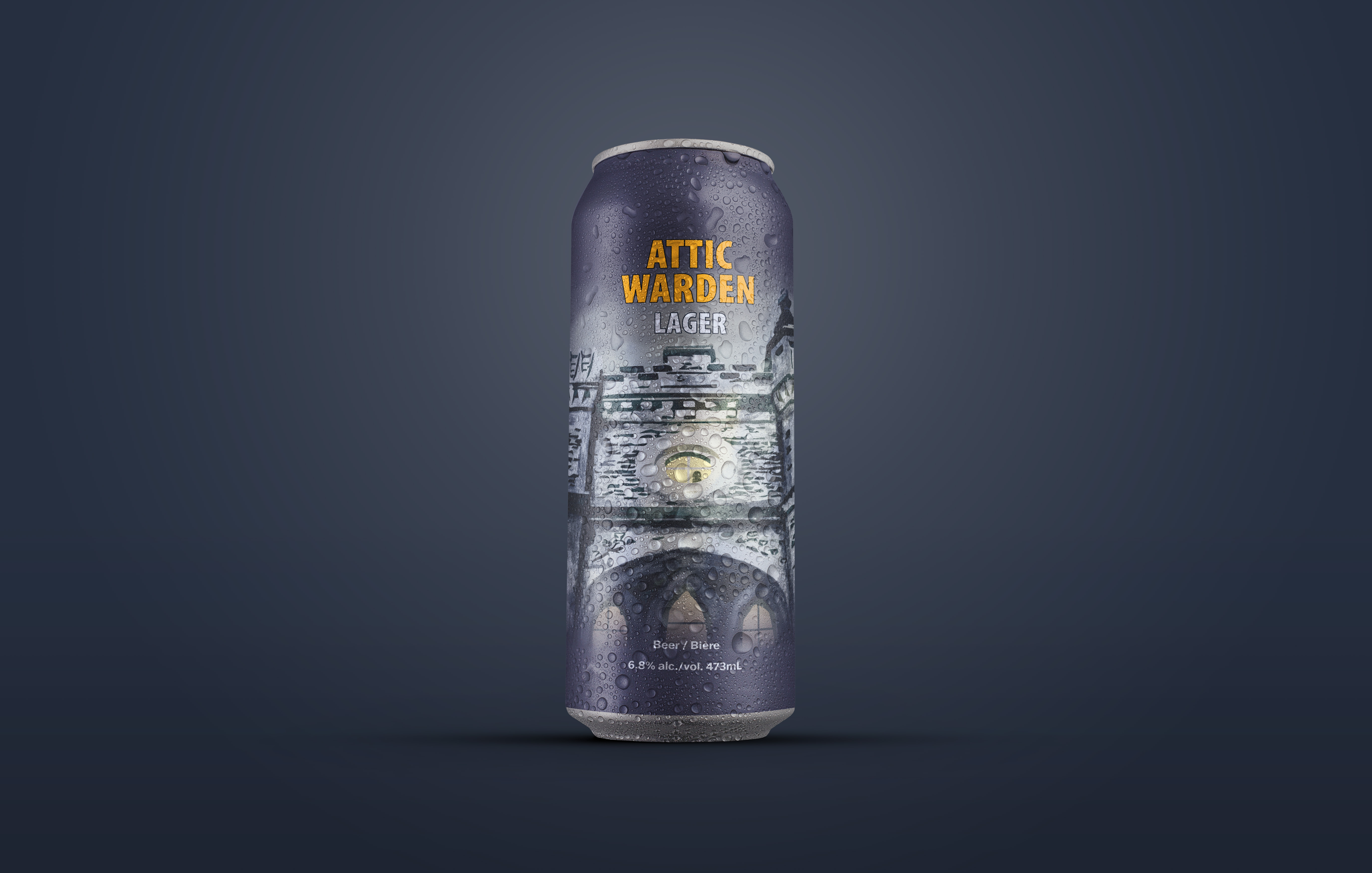 Can of Attic Warden Lager beer with water droplets on the surface and a clock tower illustration on the label.