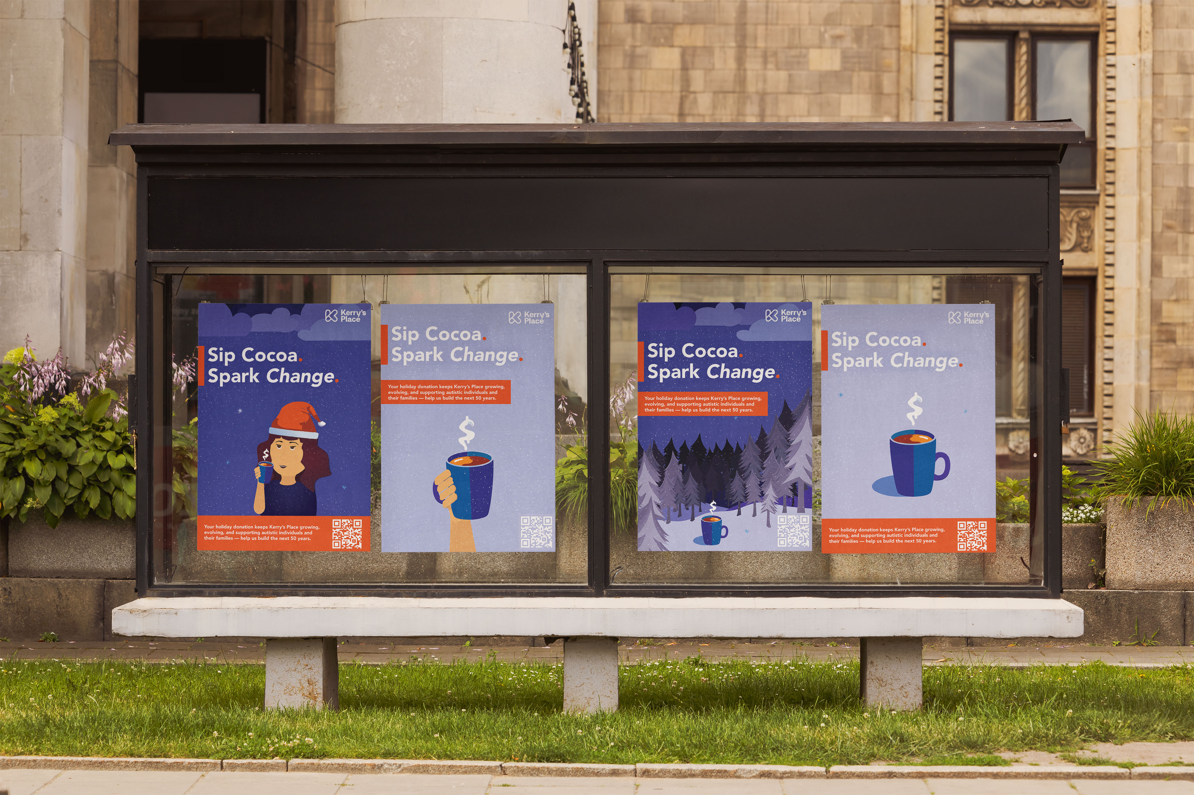 Four posters displayed behind glass each featuring the phrase 'Sip Cocoa. Spark Change.' with illustrations of a steaming cup of cocoa and a woman wearing a Santa hat, promoting Kerry's Place holiday donations.