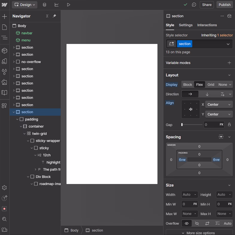 Webflow designer interface