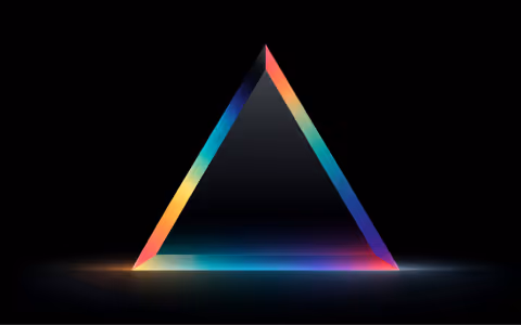 Black triangle with glowing rainbow-colored edges on a dark background.