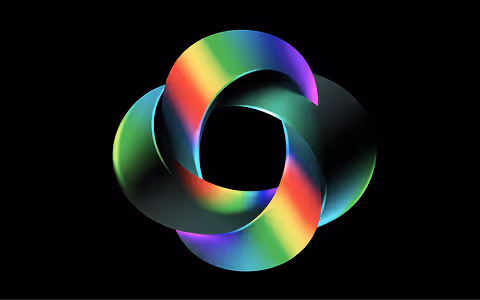 Abstract 3D shape with intertwined loops featuring smooth gradients of rainbow colors on a black background.