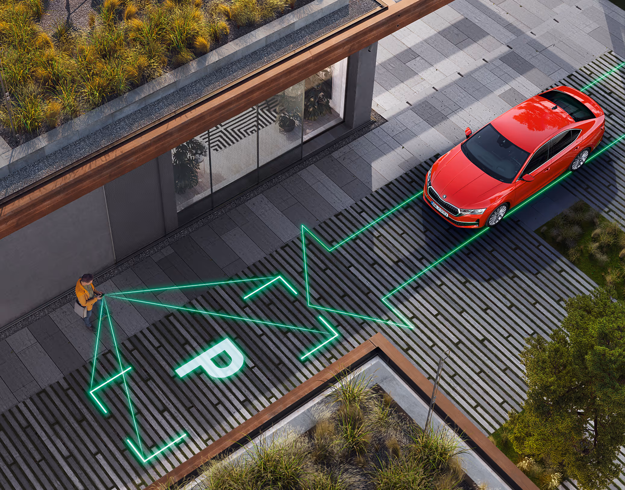 Animation des fernbedienten Parkens: Ein roter Škoda Octavia manövriert per App-Steuerung zu den mit einem leuchtenden “P” ausgewiesenen Parkplatz. Daneben steht eine menschliche Figur, die das Smartphone bedient.
