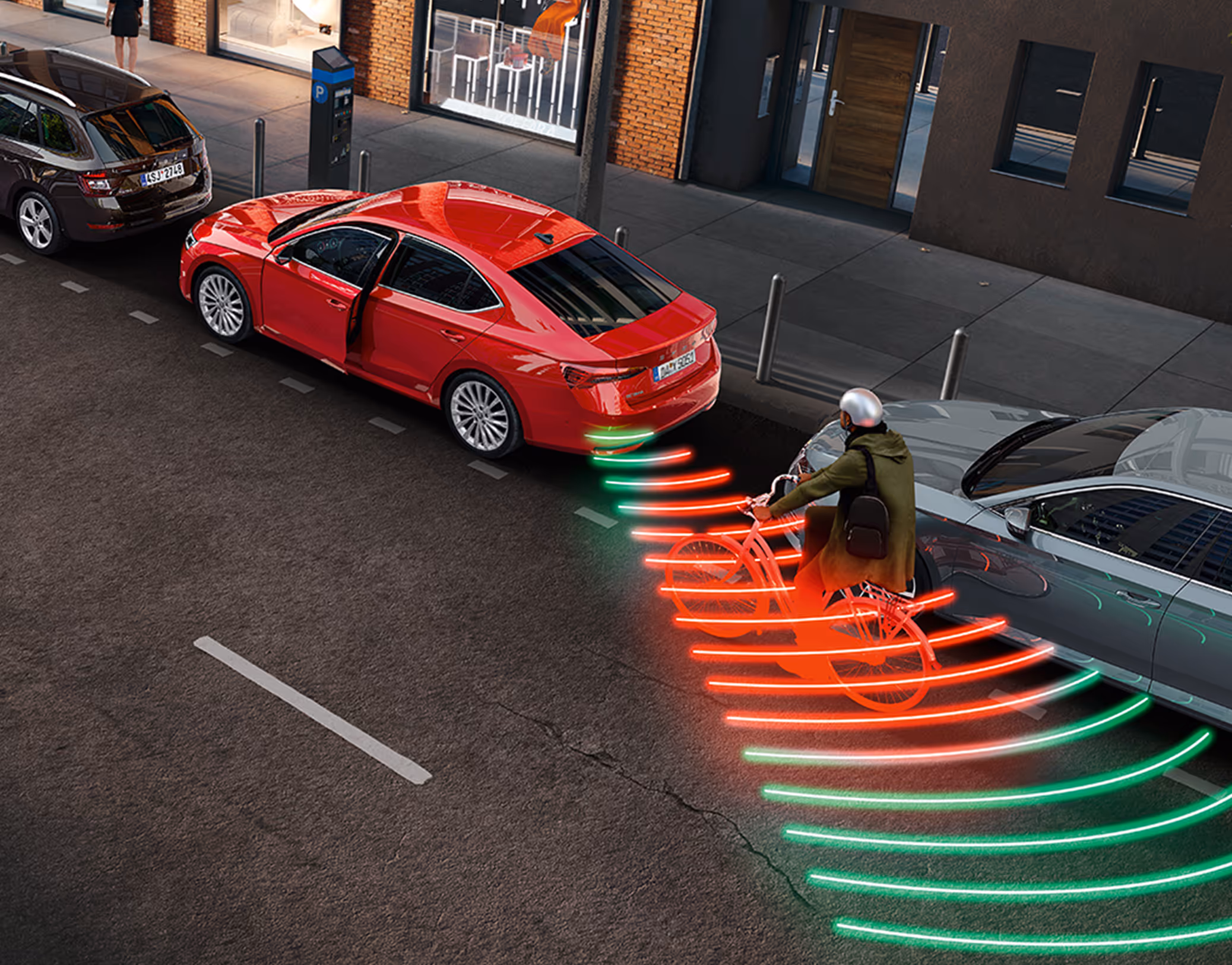Animation des Ausstiegswarners: Eine rote Škoda Octavia Limousine steht am Straßenrand. Rote Warnsignale werden projiziert, da sich von hinten ein Fahrradfahrer nähert und eine Kollision beim Öffnen der Tür droht.