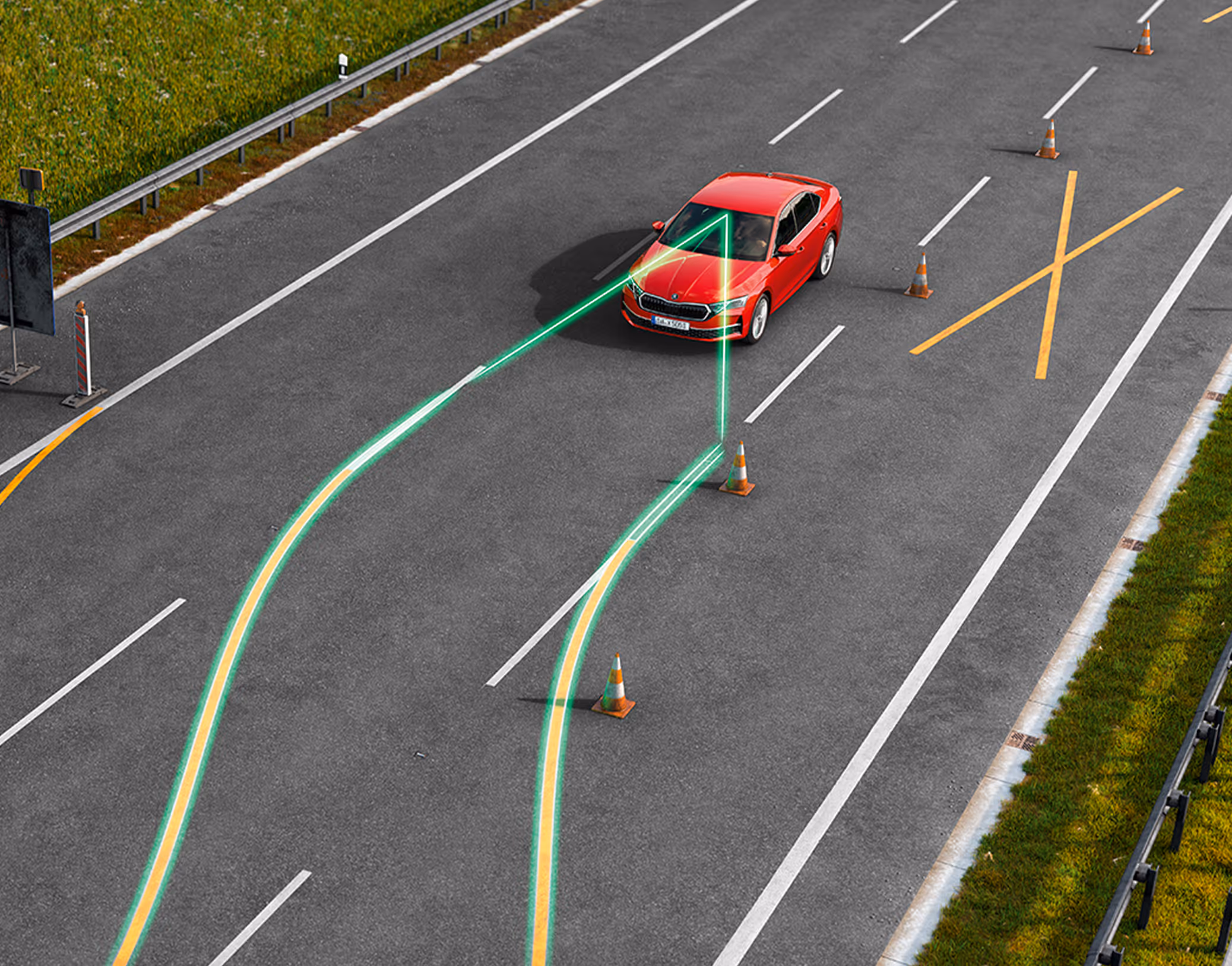 Animation des Travel Assist: Eine rote Škoda Octavia Limousine fährt durch eine enge Baustelle auf der Autobahn. Leuchtende grüne Linien visualisieren, wie das System das Fahrzeug aktiv in der verengten Spur hält und durch die Baustelle lenkt.