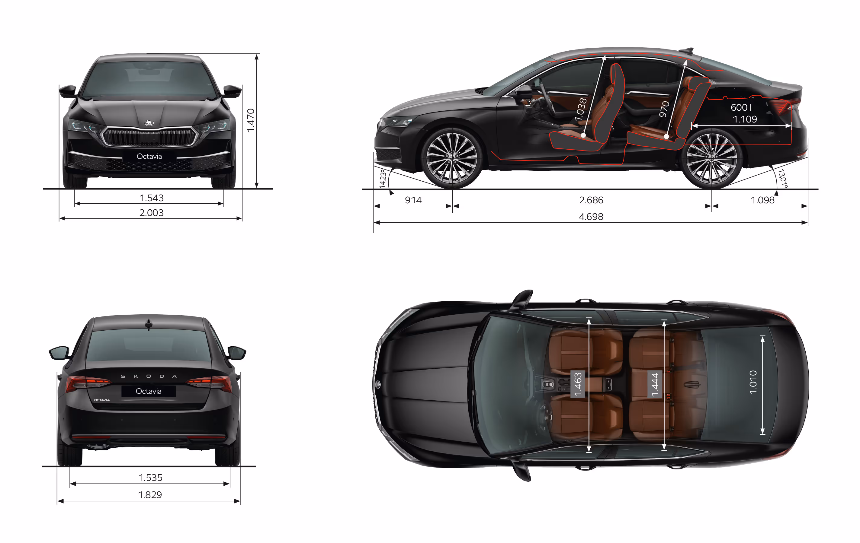 Grafische Darstellung des Škoda Enyaq in der Farbe Olibo-Grün Metallic aus viererlei Perspektiven: Front-, Heck und Seitenansicht sowie Vogelperspektive. Die Abmessungen des Fahrzeugs werden in den verschiedenen Abbildungen dargestellt.