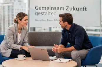 Zwei berufstätige Personen sitzen an einem Tisch mit Laptop und Unterlagen und führen ein Gespräch in einem modernen Büro.