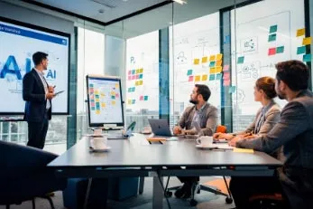 Männer und Frauen in einem modernen Konferenzraum, die eine Präsentation über KI vor einem großen Bildschirm anhören.