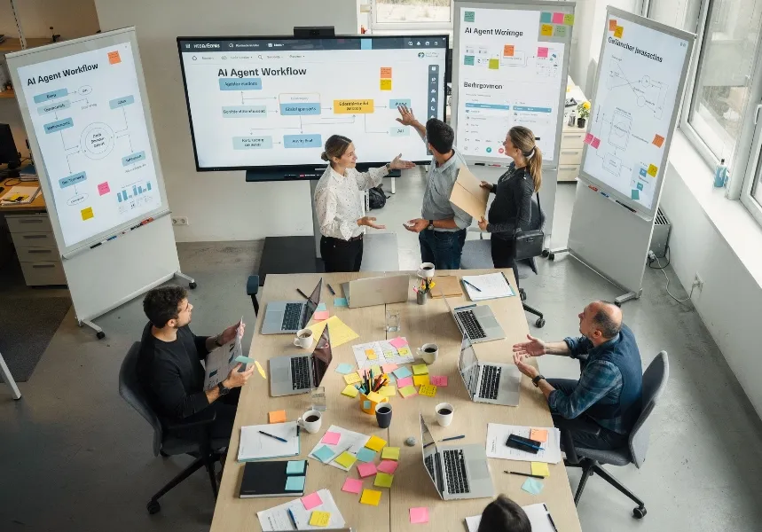 Sechs Personen diskutieren in einem modernen Besprechungsraum am Tisch mit Laptops und Notizen.