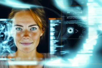 Frau mit roten Haaren vor einem digitalen, futuristischen Interface mit holografischen Datenanzeigen.