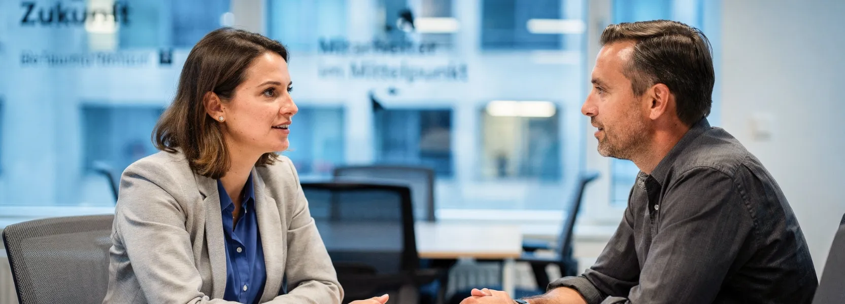 Zwei Personen sitzen sich in einem modernen Büro gegenübersitzend und führen ein Gespräch.