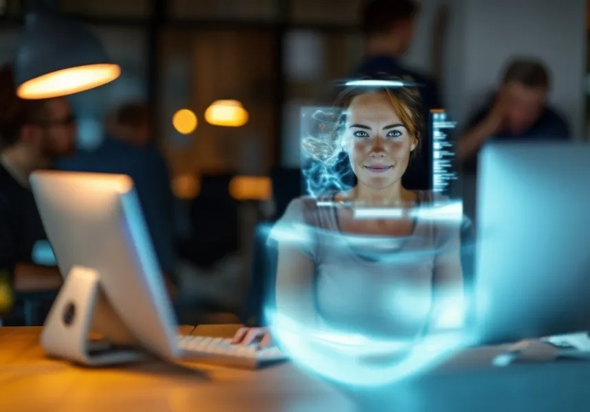 Frau vor Computermonitor mit holografischem Interface und Informationsgrafiken in einem Büro.