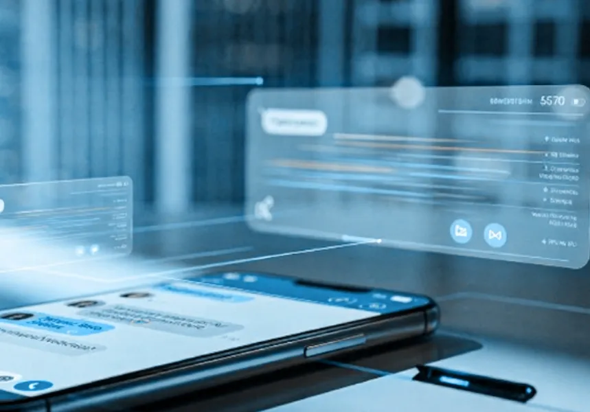 Nahaufnahme eines Smartphones mit eingeblendeten virtuellen Chatfenstern in futuristischem Stil.