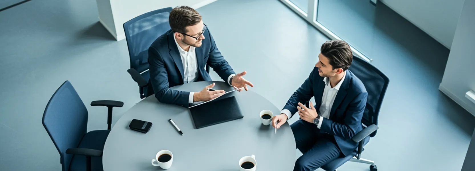 Zwei Geschäftsleute im Anzug sitzen an einem runden Tisch und führen ein Gespräch bei drei Tassen Kaffee.
