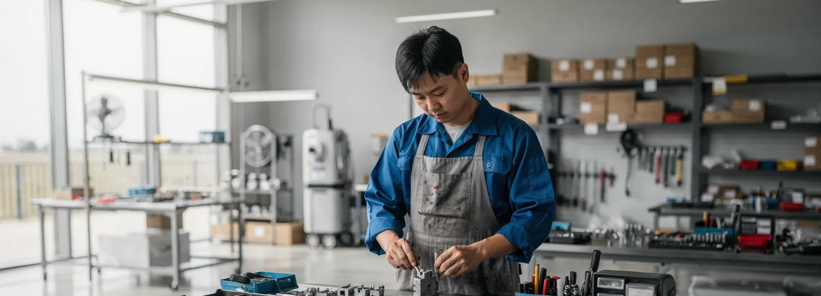 Mechaniker in blauer Arbeitskleidung arbeitet konzentriert an einem Metallteil in einer Werkstatt.