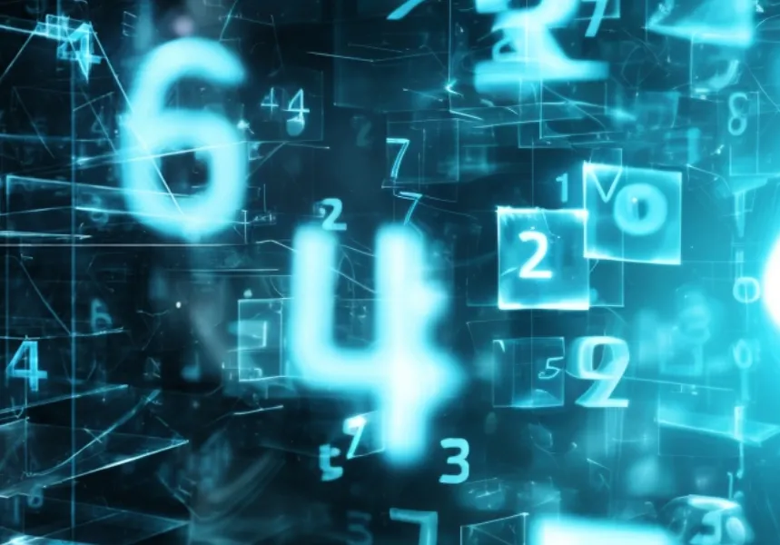 Leuchtende, schwebende Zahlen und mathematische Symbole in Blau vor einem dunklen, tiefen Hintergrund.
