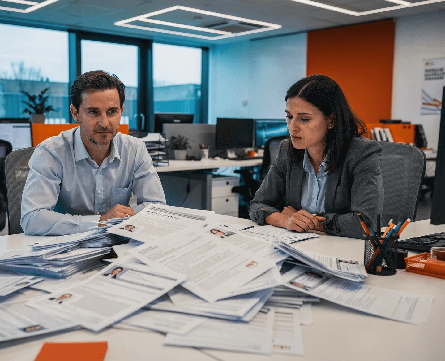 Zwei Personen sitzen an einem Schreibtisch voller Bewerbungsunterlagen in einem modernen Büro.