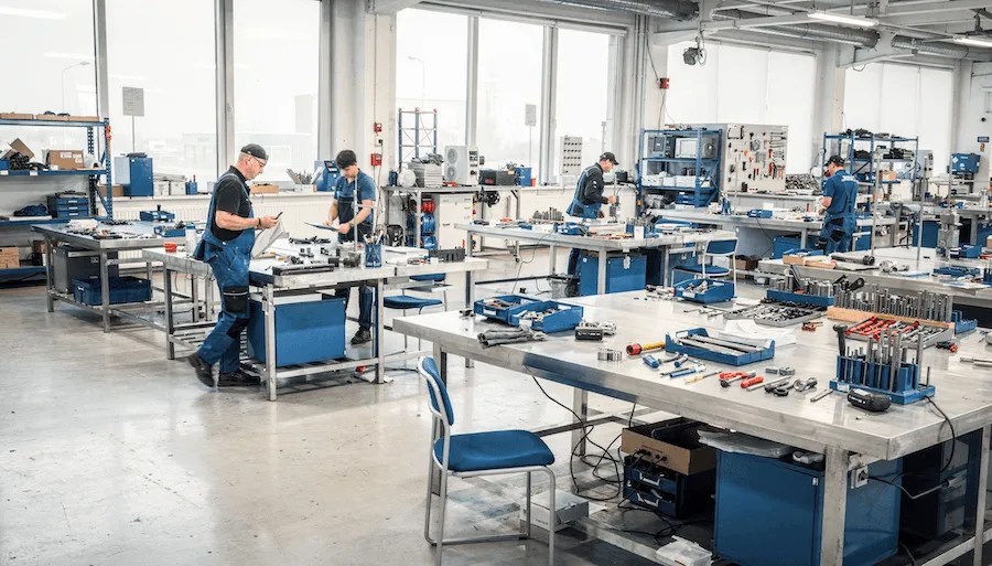 Mehrere Arbeiter in blauer Arbeitskleidung arbeiten an großen Werkbänken in einer gut beleuchteten Industriehalle.