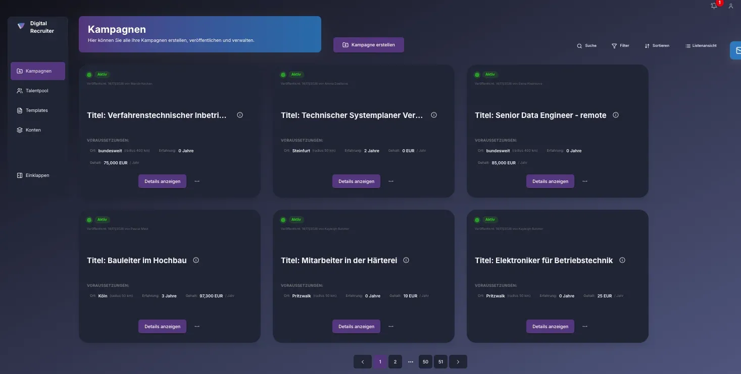 Dashboard der Digital Recruiter App mit sechs aktiven Stellenanzeigen.