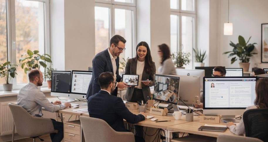 Ein modernes Büro mit Mitarbeitern, die sich austauschen.