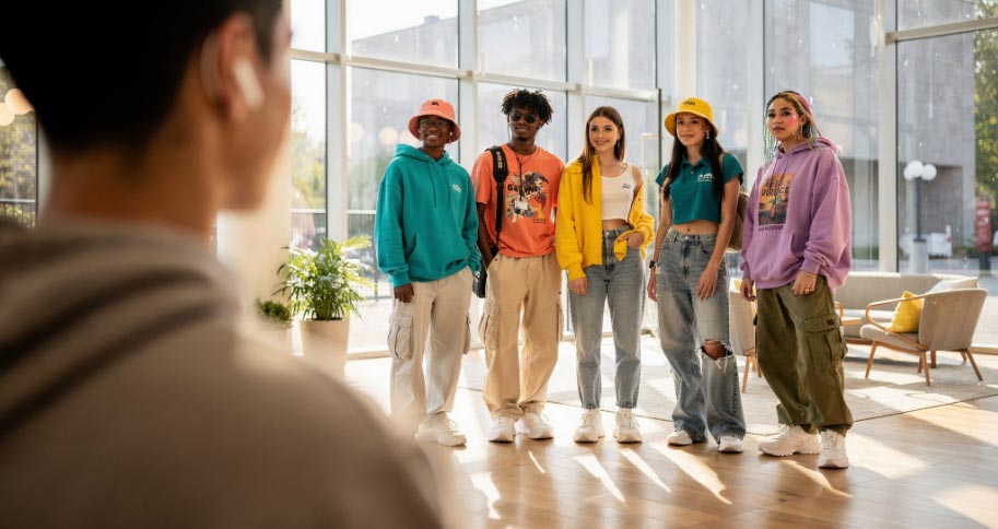 Gruppe junger Menschen in farbenfroher Kleidung in einem lichtdurchfluteten Foyer.
