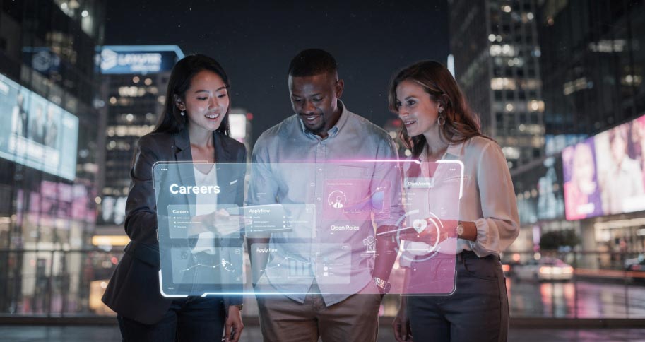 Drei Personen betrachten futuristische Hologramm-Displays mit Karriere-Inhalten in einer nächtlichen Stadtkulisse.