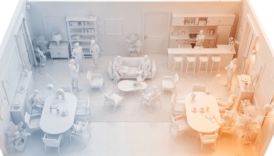 3D-Modell eines modernen Verkaufsraum in weiß-orangem Farbverlauf