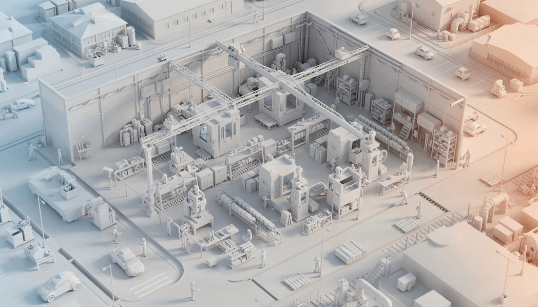 3D-Modell einer Fertigungshalle mit Maschinen und Präzisionswerkzeugen in weiß-orangem Farbverlauf