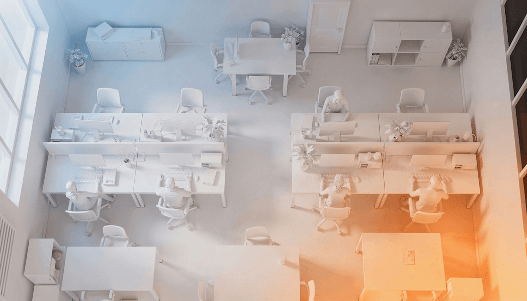 3D-Modell eines Großraumbüros mit Arbeitsplätzen und Mitarbeitern in weiß-orangem Farbverlauf