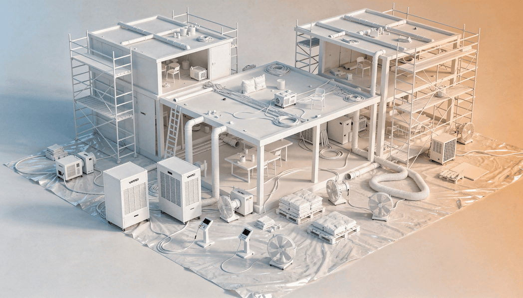 3D-Modell einer Sanierungsbaustelle mit Bautrocknern, Gerüsten und Lüftungstechnik in weiß-orangem Farbverlauf