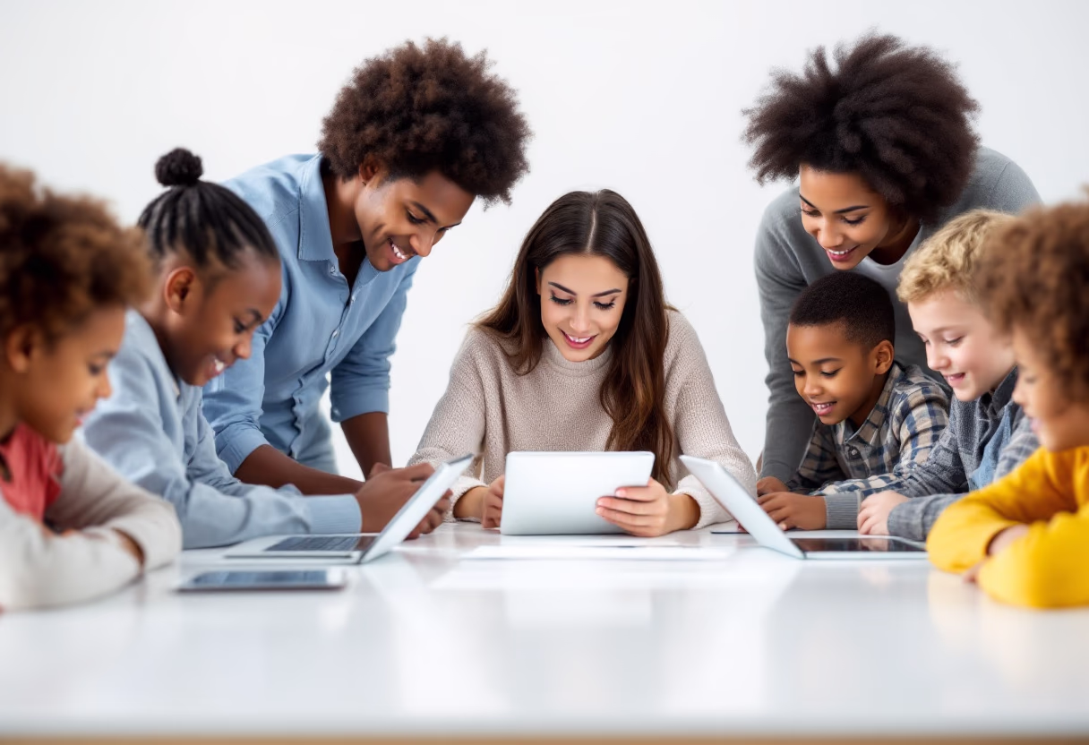 image of a teacher interacting with students using digital tools