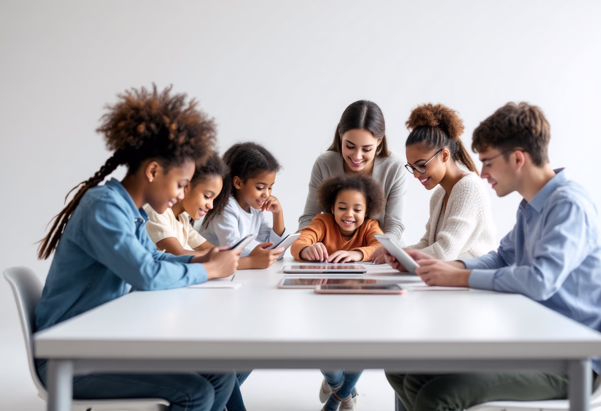 image of a teacher interacting with students using digital tools