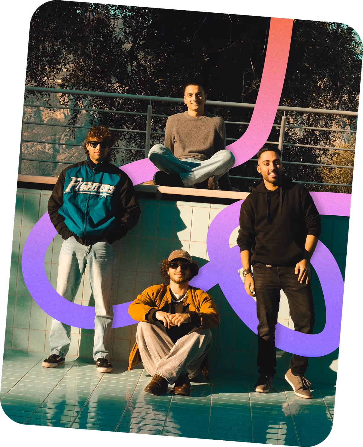 Four young men posing outdoors by a tiled wall with metal railing, seaside or mountainous background, and purple-pink abstract overlay designs.
