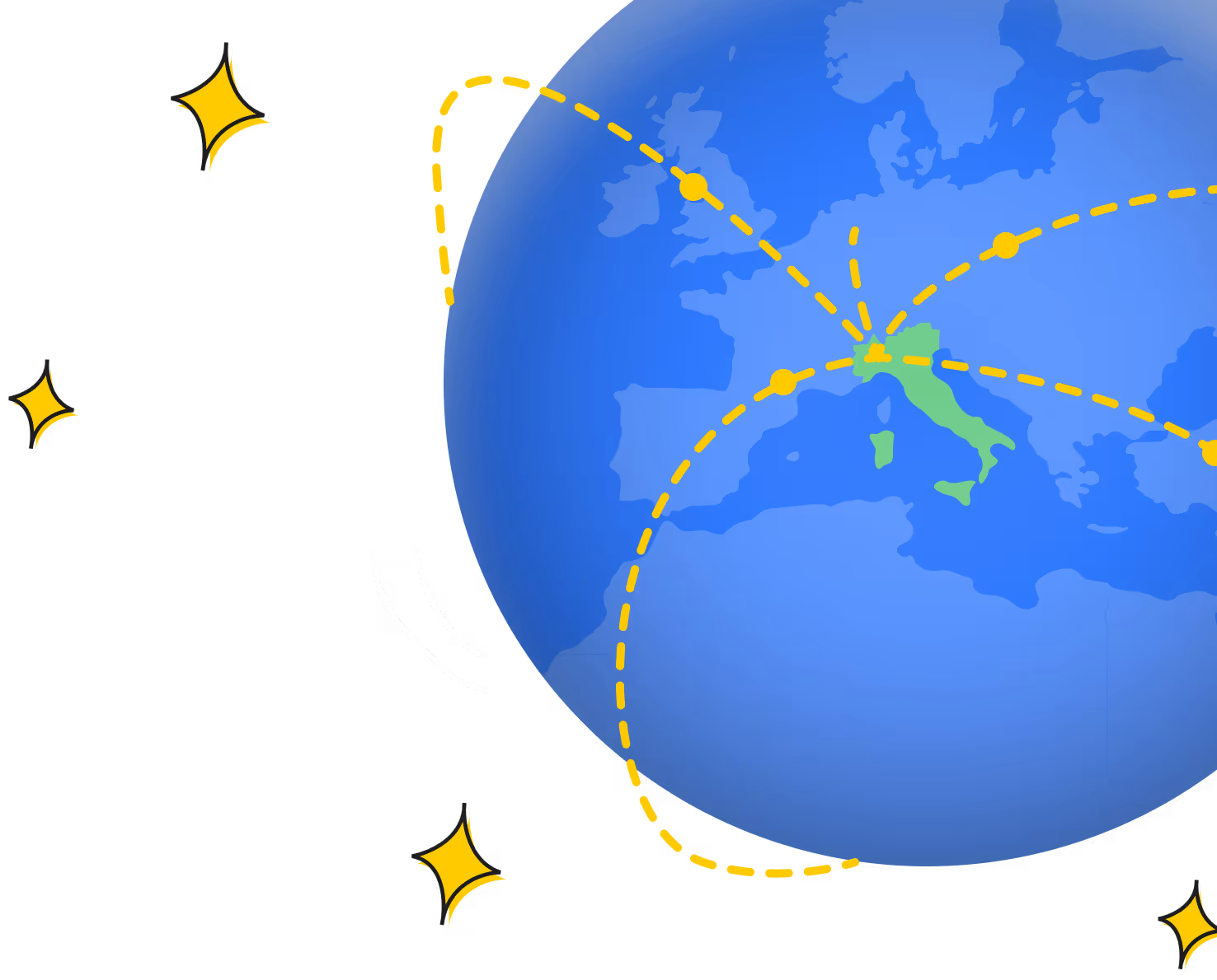 Illustration of a globe focusing on Italy with yellow dashed lines connecting it to other parts of Europe and beyond, surrounded by yellow star-like sparkles.