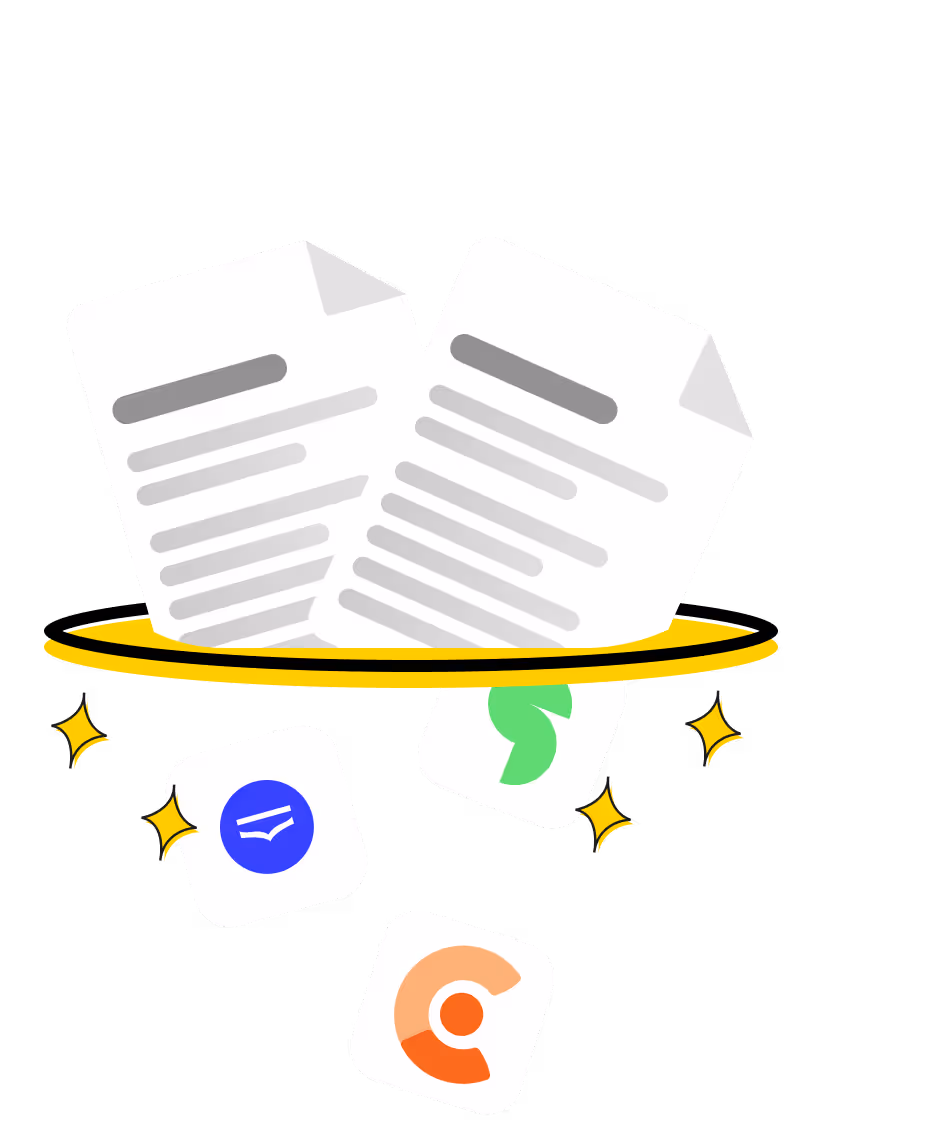 Two sheets of paper floating above a yellow ring with three app icons below, including blue, green, and orange logos with sparkles around them.