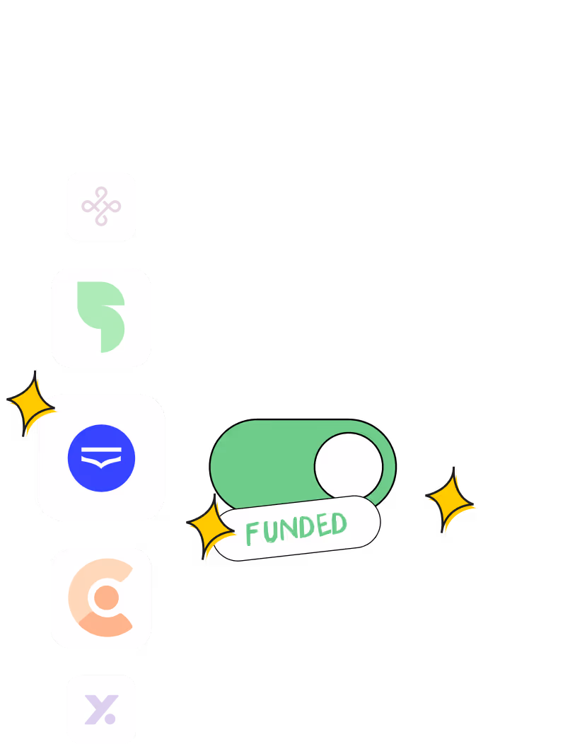 Illustration of five company logos aligned vertically next to a green toggle switch labeled FUNDED with sparkle effects.