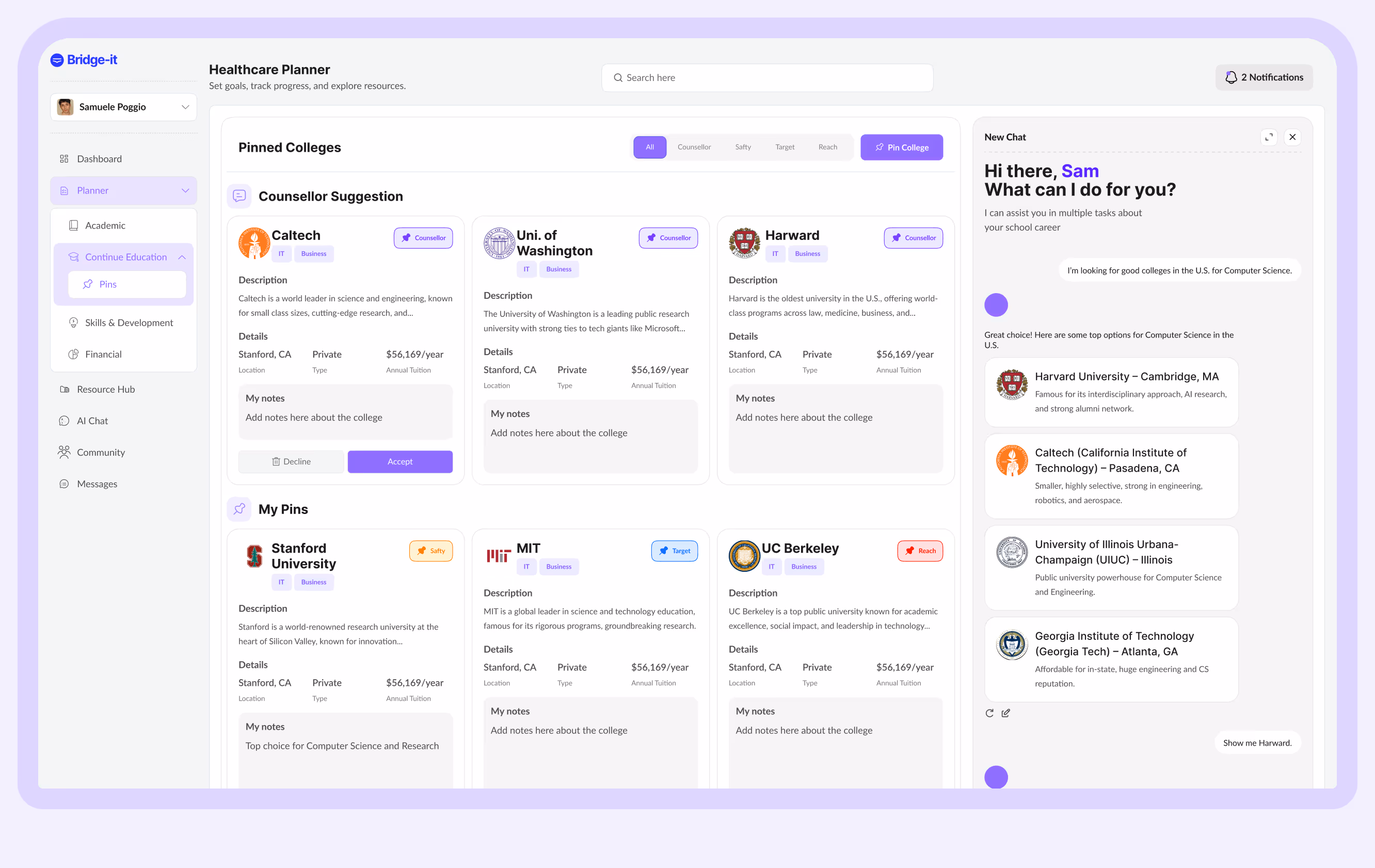 Healthcare Planner dashboard interface showing pinned colleges, counselor suggestions, personalized notes, and an AI chat assistant offering college recommendations for Computer Science.