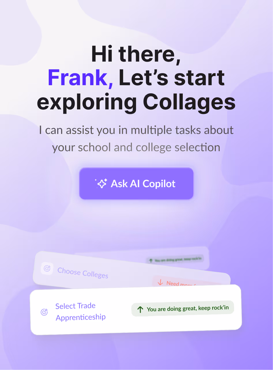 Welcome message with text 'Hi there, Frank, Let’s start exploring Collages' and a purple button labeled 'Ask AI Copilot' on a purple gradient background.