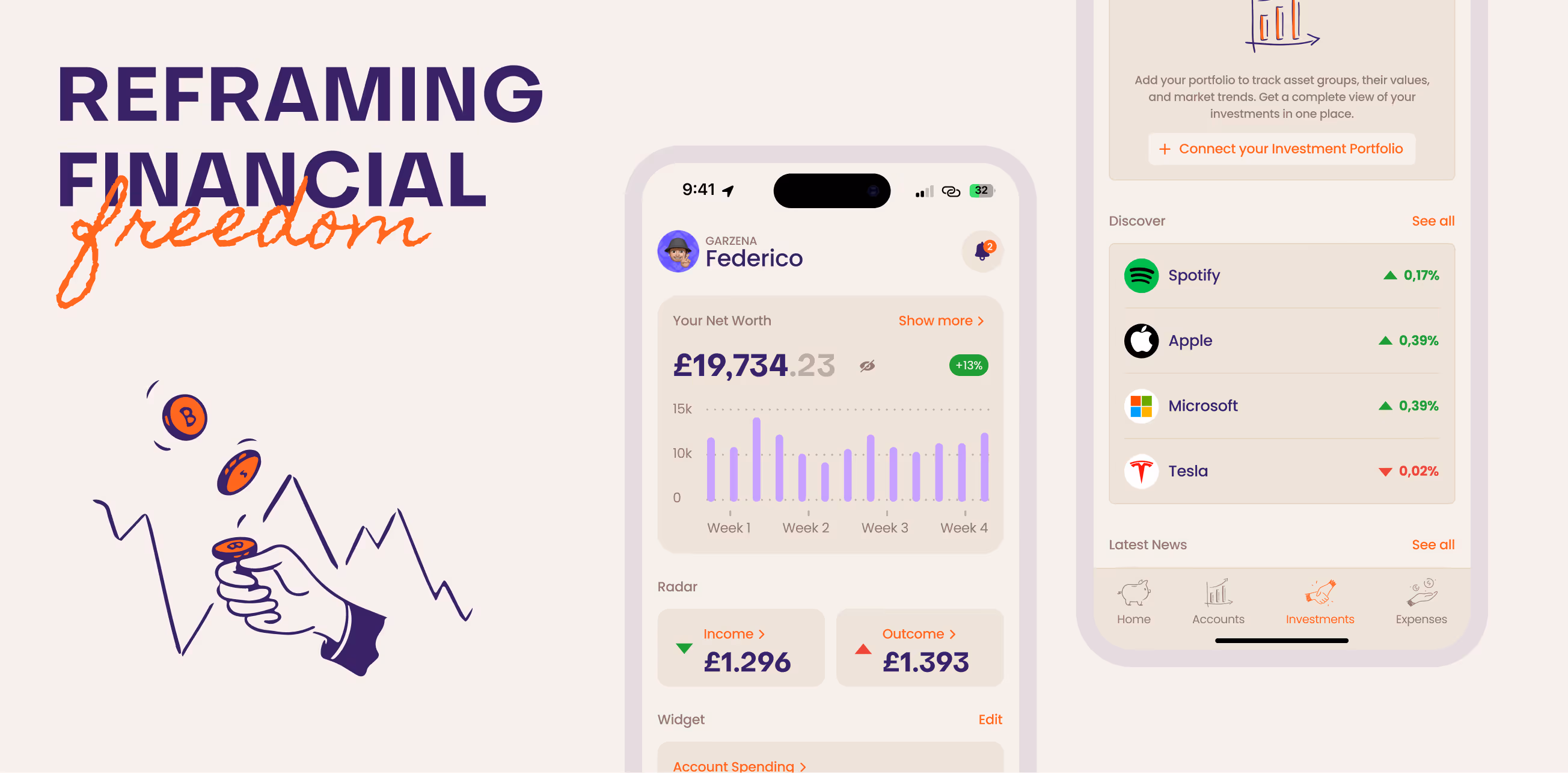 Mobile app screen showing financial dashboard with net worth, income, outcome, and stock performance for Spotify, Apple, Microsoft, and Tesla.