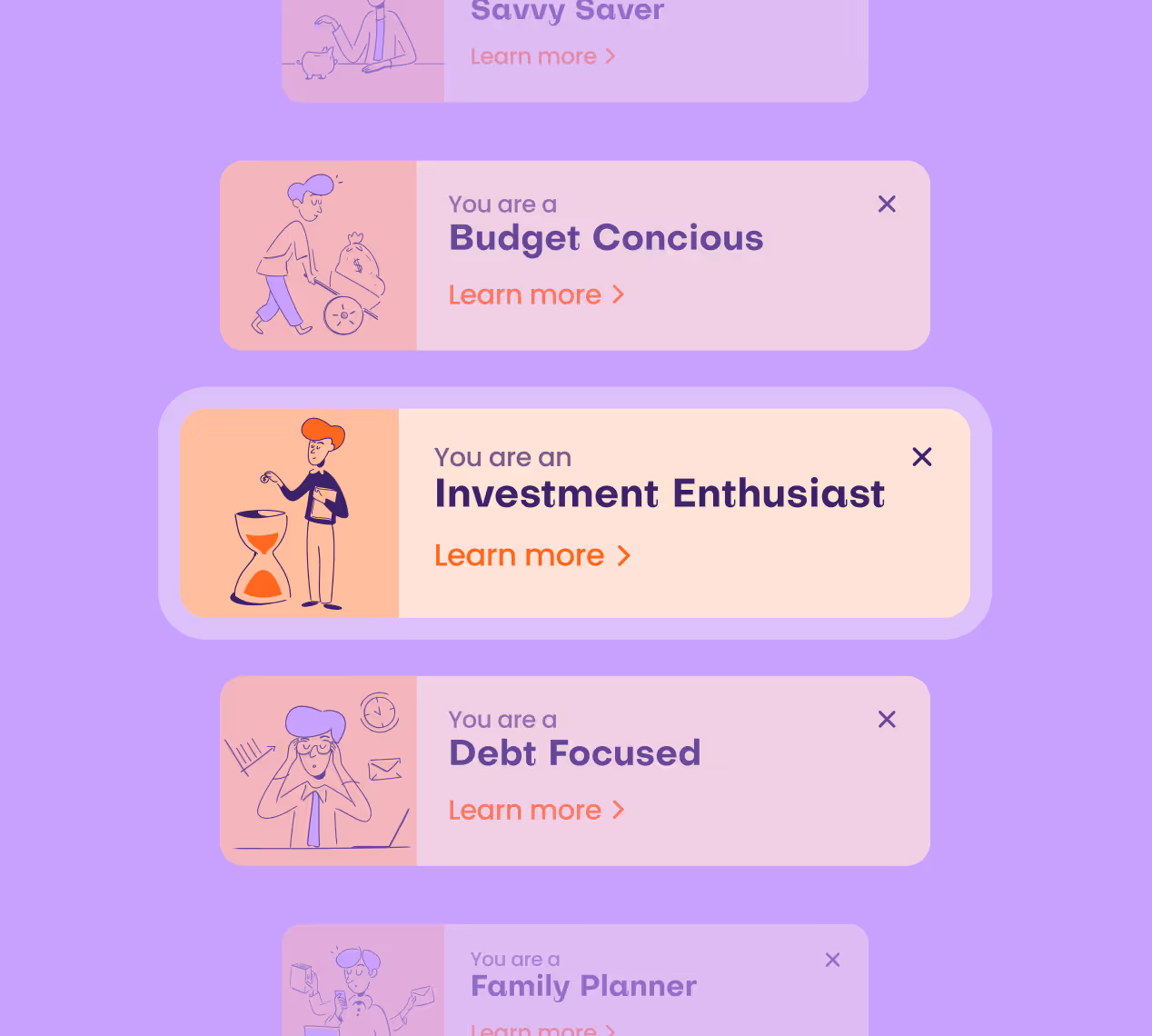 Colorful financial profile cards showing different money management styles: Budget Conscious with person pushing a money bag, Investment Enthusiast with person next to hourglass, Debt Focused with worried person by laptop, and partially visible Family Planner card.