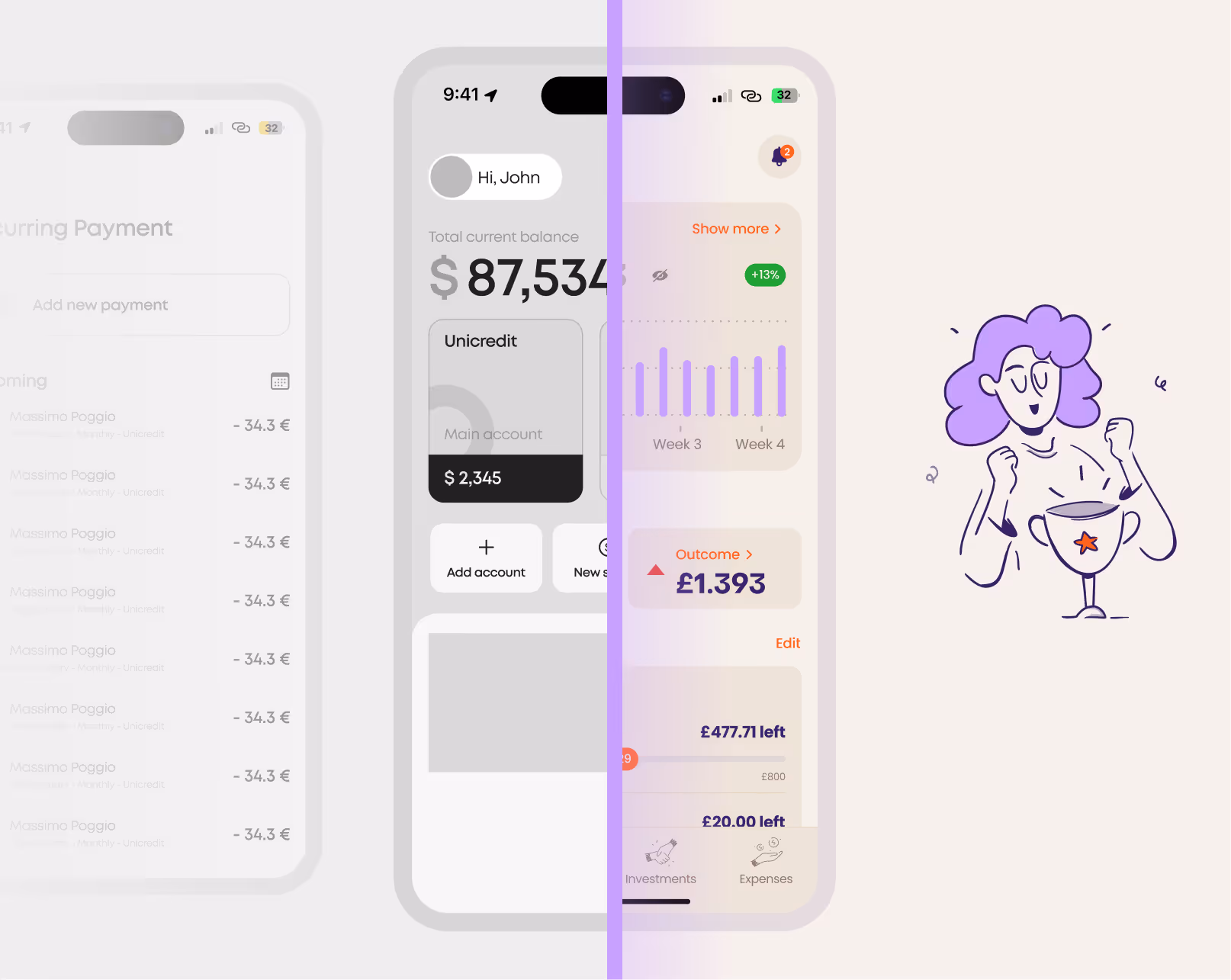 Split image of a smartphone showing two finance app screens side by side with a purple-haired character celebrating with a trophy on the right.