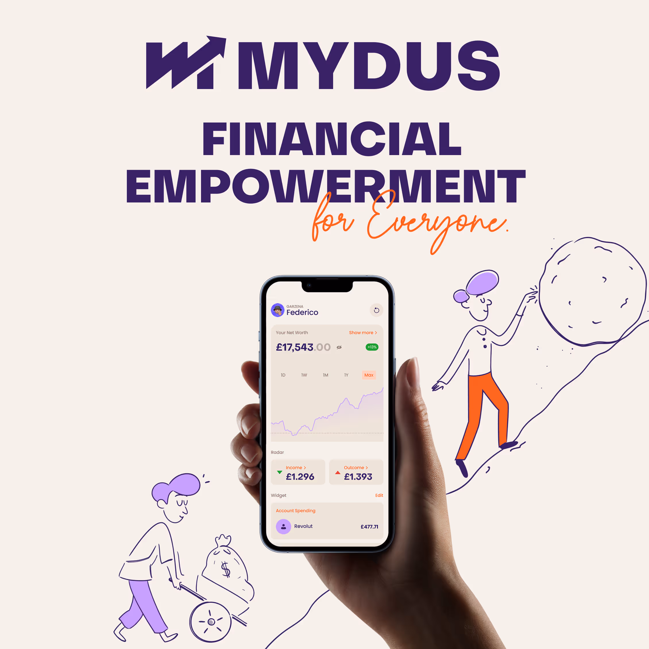 Hand holding smartphone displaying Mydus app with financial net worth, income, and outcome details, with cartoon figures pushing a money bag uphill and rolling a large coin.