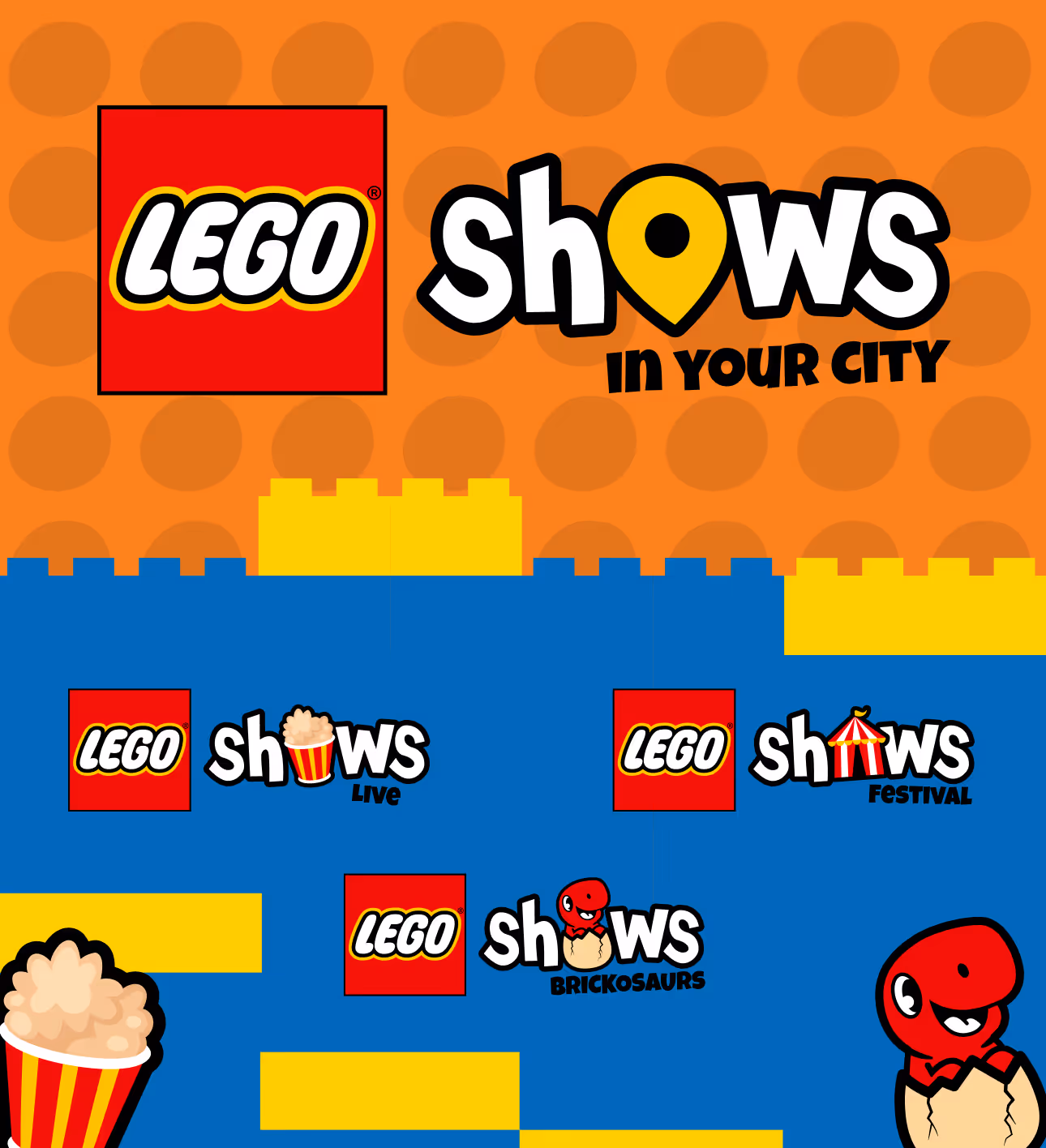 Colorful LEGO Shows in Your City promotional image featuring LEGO Shows Live with popcorn icon, LEGO Shows Festival with circus tent icon, and LEGO Shows Bricksosaurs with a red dinosaur hatching from an egg.