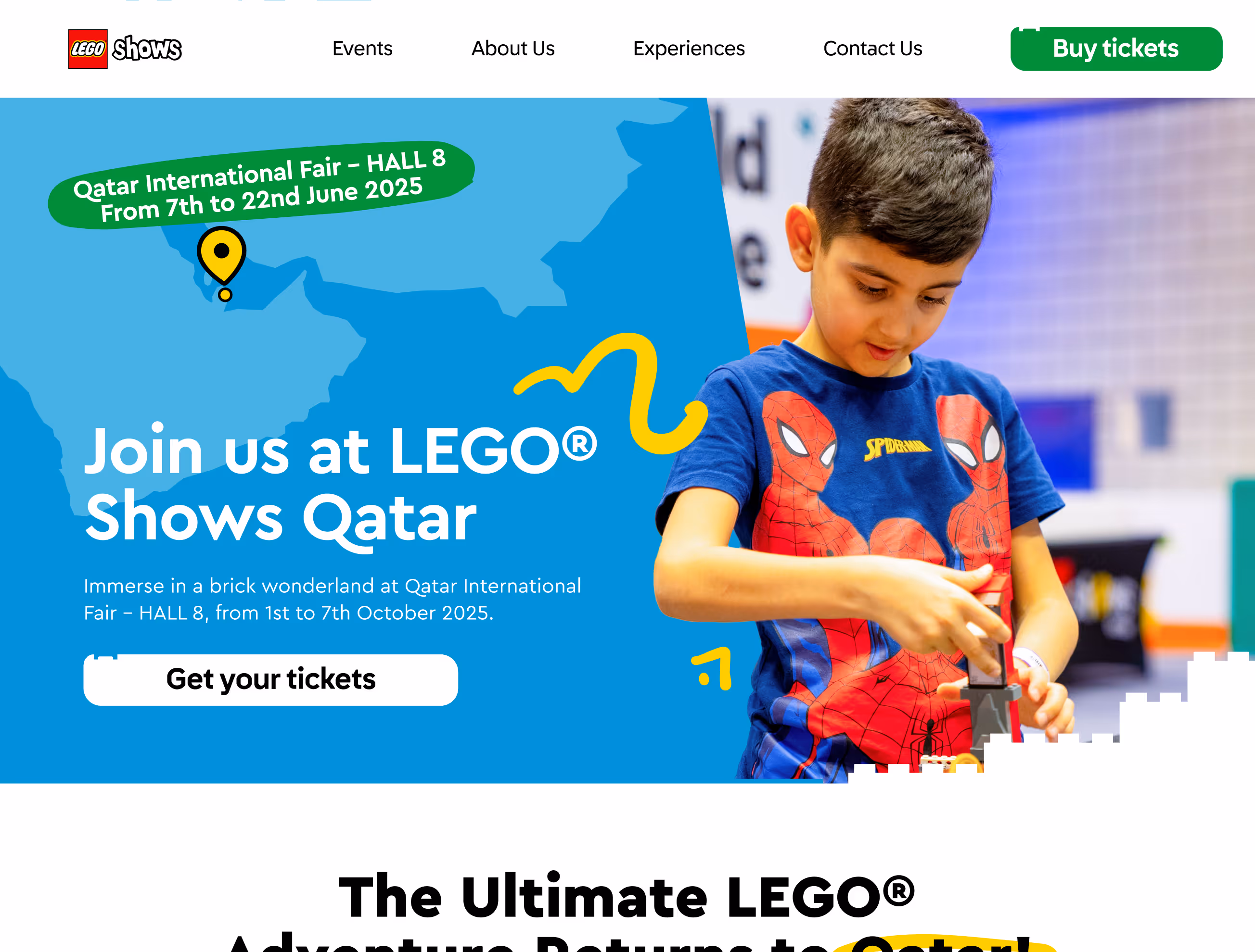 Boy in a Spider-Man shirt building with LEGO bricks, next to text promoting LEGO Shows Qatar event with ticket purchase call.