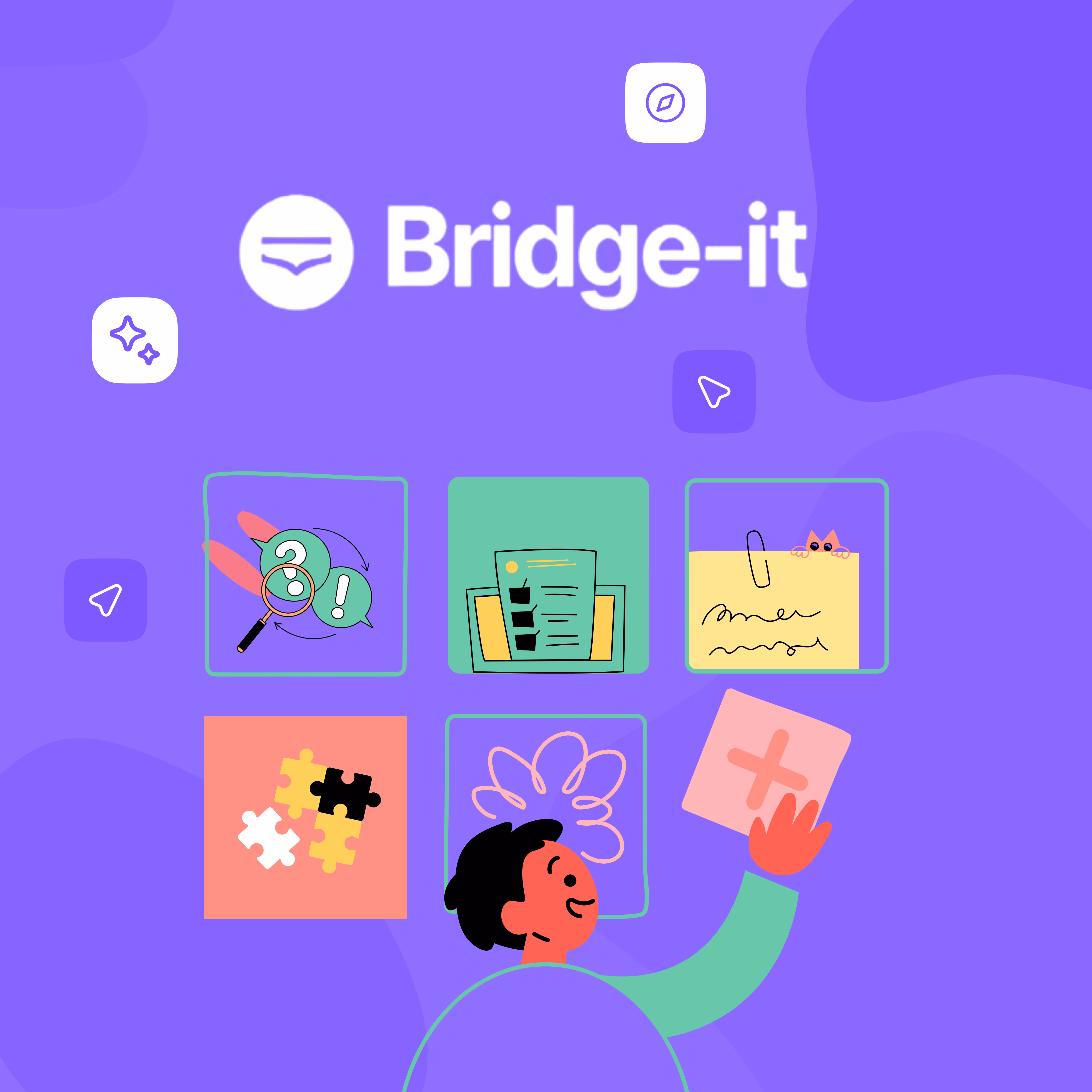 Illustration of a person interacting with colorful icons for questions, lists, notes, puzzles, and creativity under the Bridge-it logo on a purple background.
