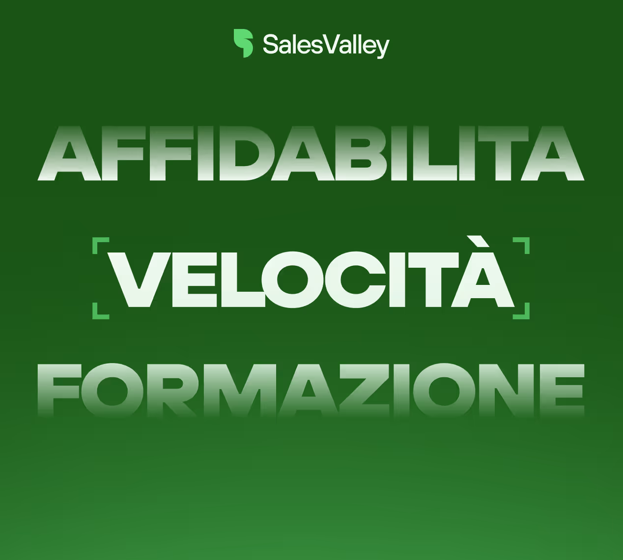 SalesValley logo above words Affidability, Velocity, and Training in Italian on a green gradient background.