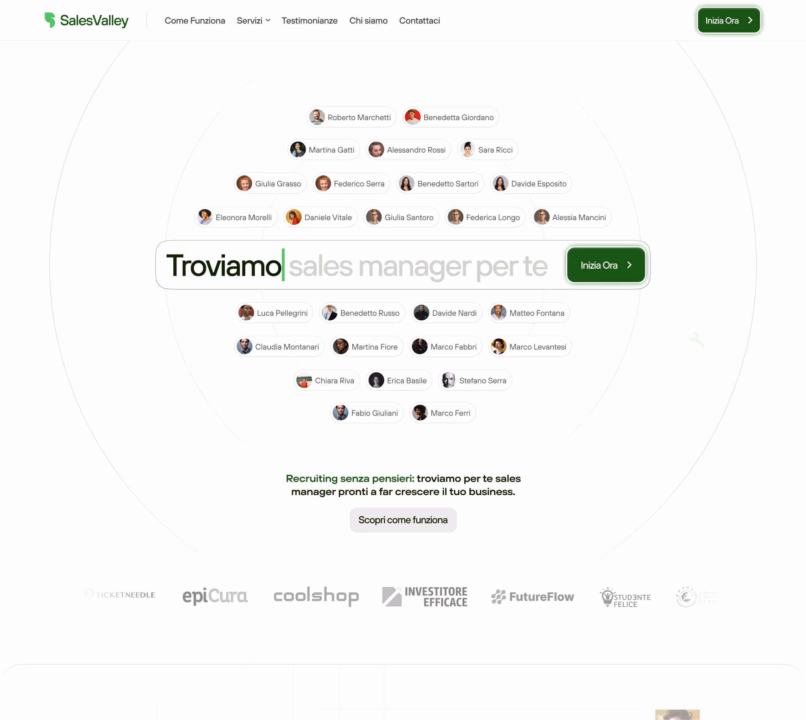 SalesValley homepage showing a network of sales manager profiles around a search bar with text Troviamo sales manager per te and a green Start Now button.