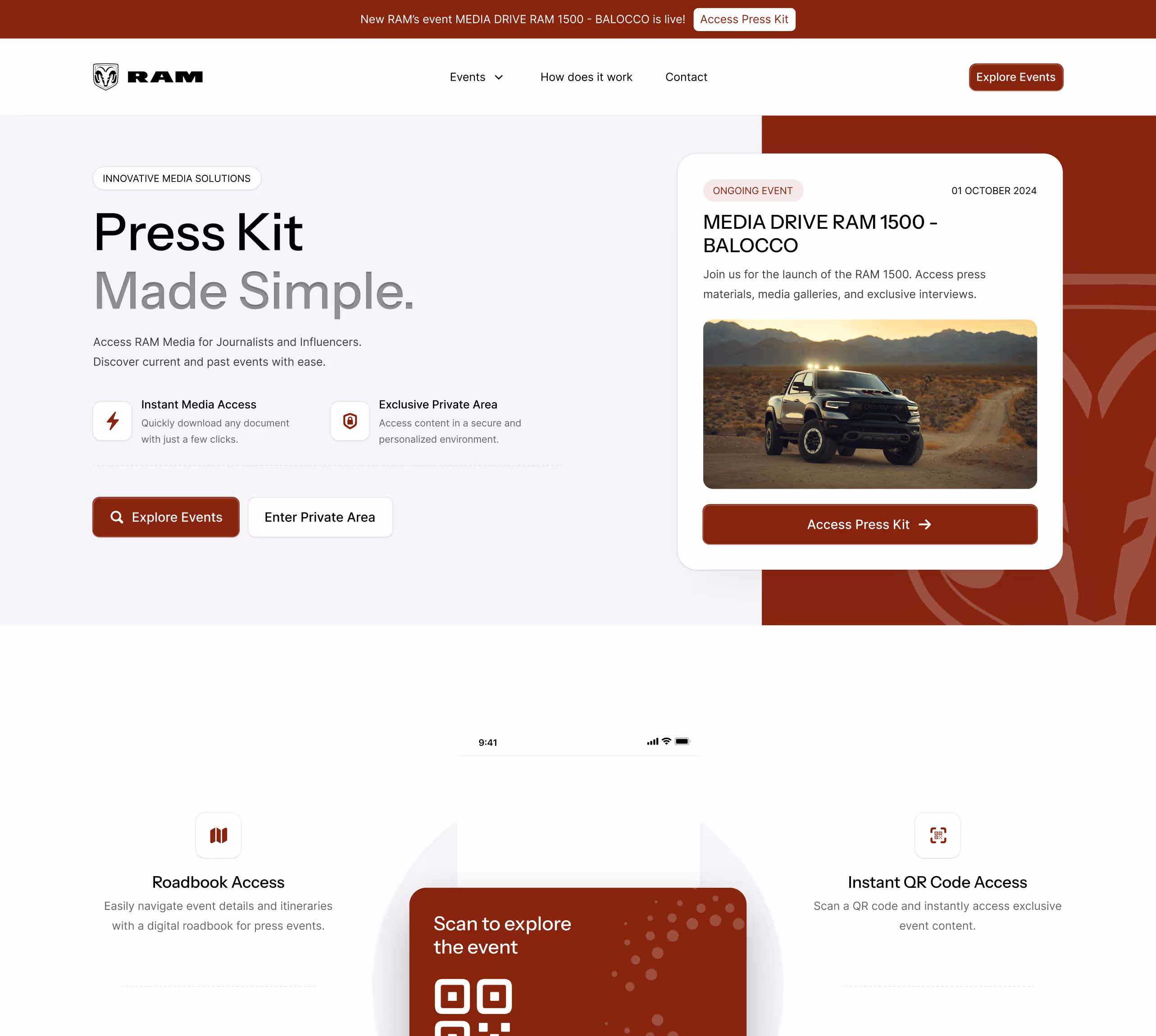 RAM press kit webpage featuring an ongoing event MEDIA DRIVE RAM 1500 - BALocco with a photo of a black RAM 1500 truck in a desert, options for instant media access, exclusive private area, roadbook access, and instant QR code access.