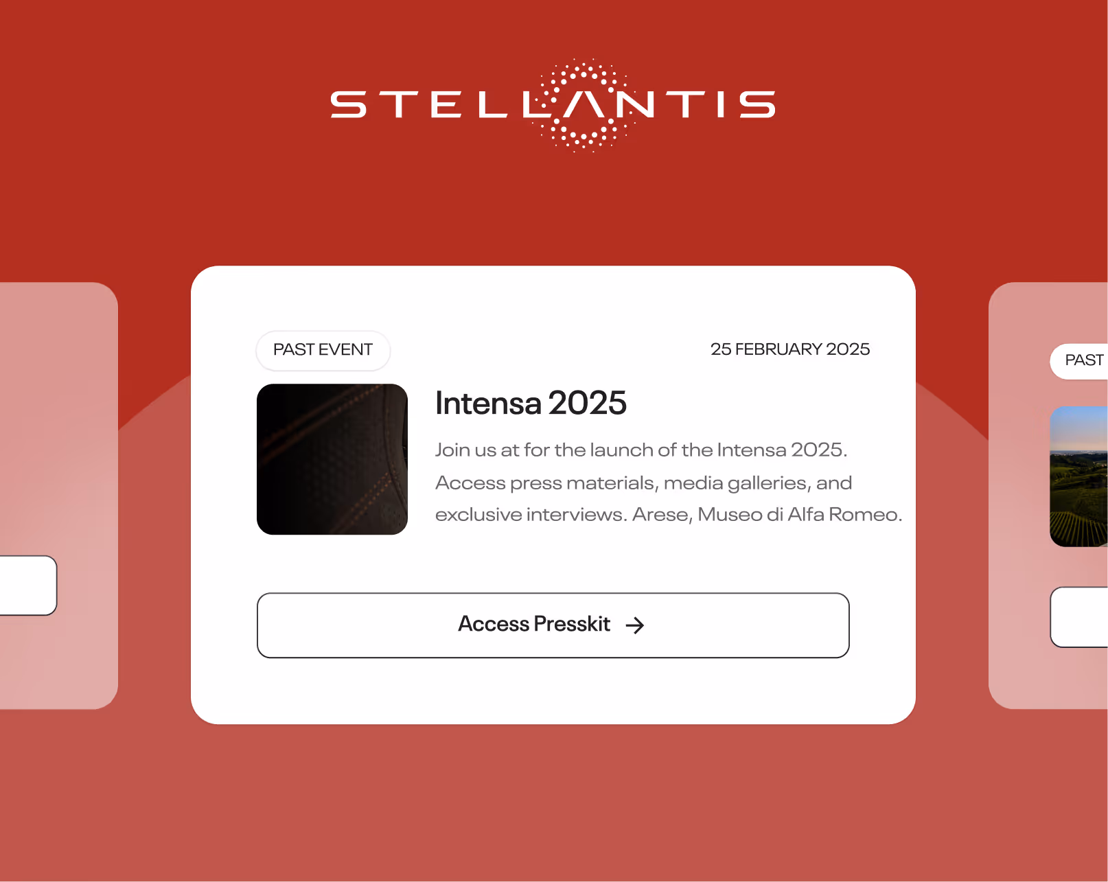 Stellantis event card for Intensa 2025 launch on 25 February 2025 with button to access press kit.