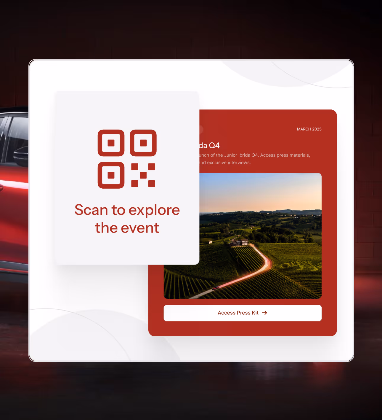 Screen displaying a red card about Junior Ibrida Q4 launch with a landscape image and 'Access Press Kit' button alongside a white card with a QR code icon and text 'Scan to explore the event'.